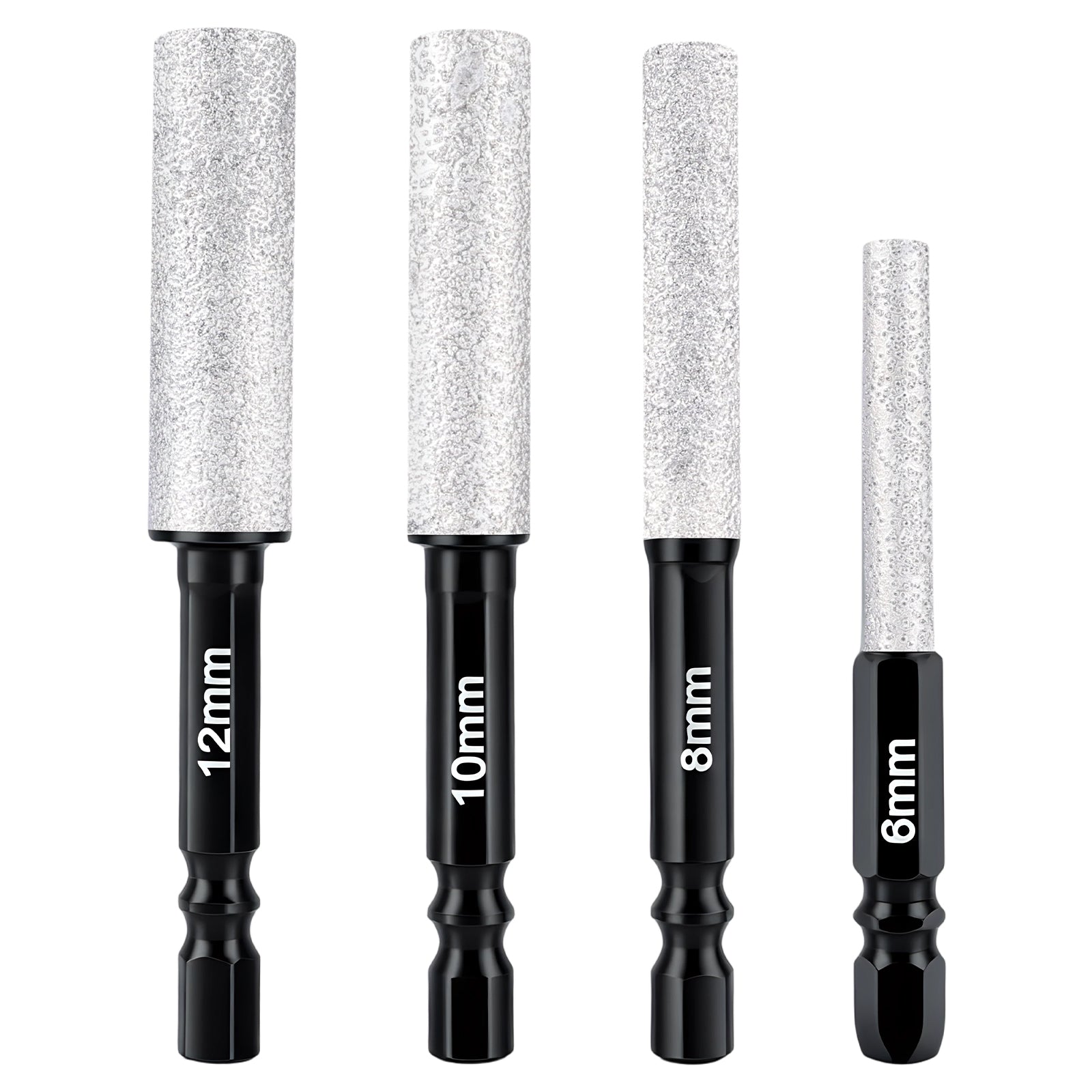 Set of four diamond sanding sticks with different diameters on a white background