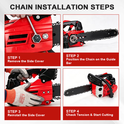 Instructional graphic titled 'CHAIN INSTALLATION STEPS' showing four panels with photos of a red and black chainsaw and labeled steps for removing the side cover, positioning the chain on the guide bar, reinstalling the side cover, and checking tension before cutting.