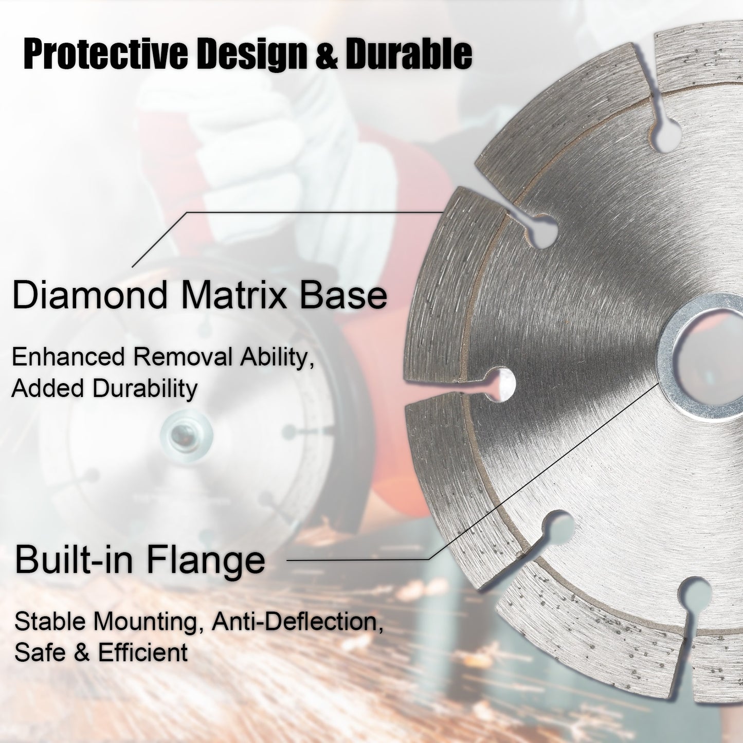 Circular saw blade with text highlighting features like diamond matrix base and built-in flange.