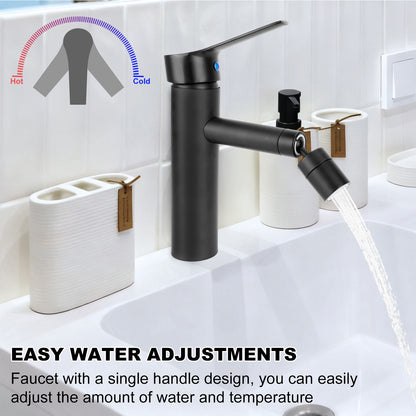 Black faucet with water flowing into a sink, labeled 'Easy Water Adjustments'.