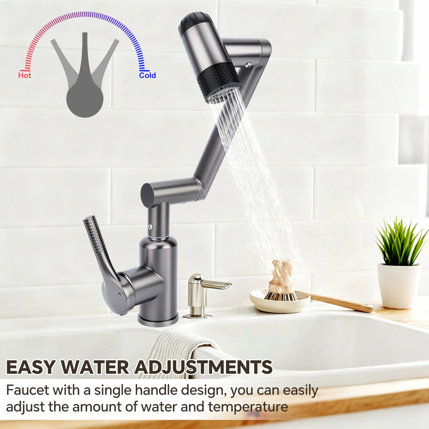 Kitchen faucet with adjustable spray head on a white tiled wall background