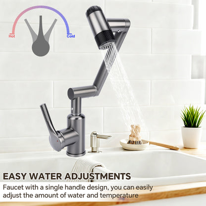 Kitchen faucet with adjustable spray head on a white tiled wall background