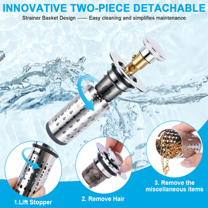A stainless steel two-piece detachable strainer basket shown over a water splash background, with text and three circular inset diagrams demonstrating how to lift the stopper, remove hair, and discard debris.