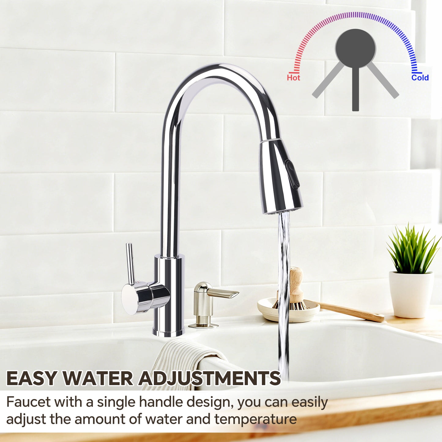 Chrome kitchen faucet with single handle design in a modern kitchen setting.