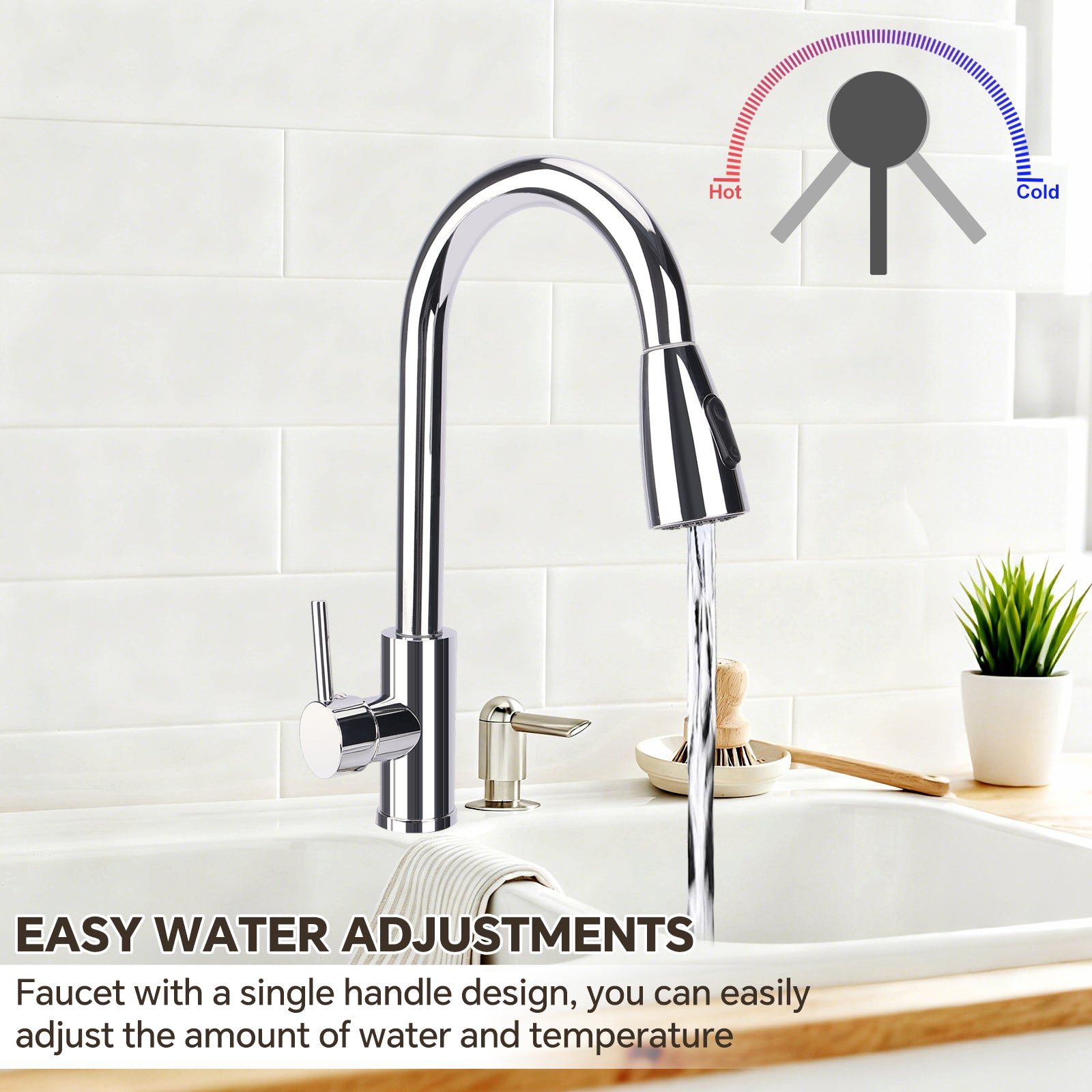 Chrome kitchen faucet with single handle design in a modern kitchen setting.