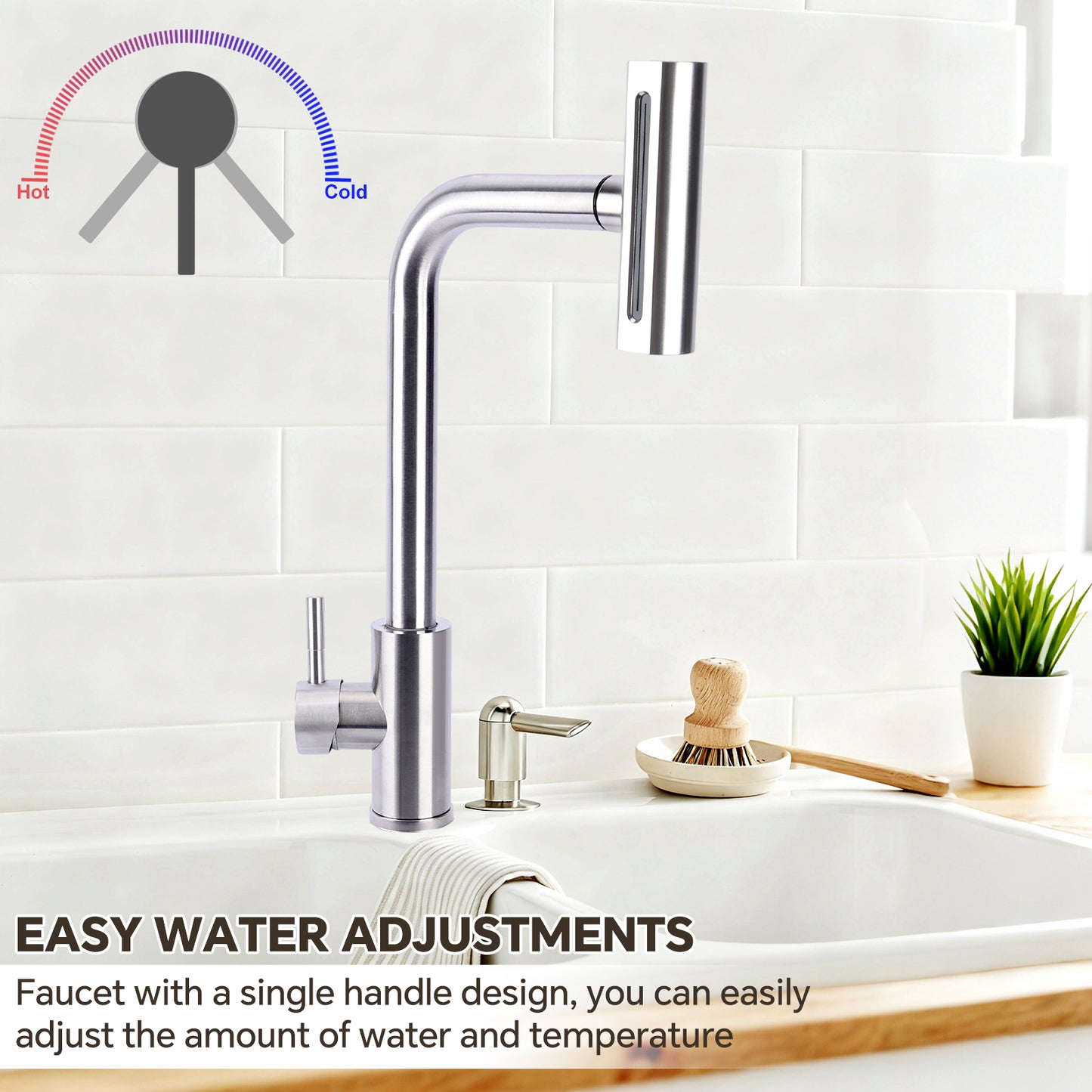 Modern kitchen faucet with temperature indicator on a tiled wall background
