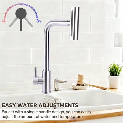Modern kitchen faucet with temperature indicator on a tiled wall background