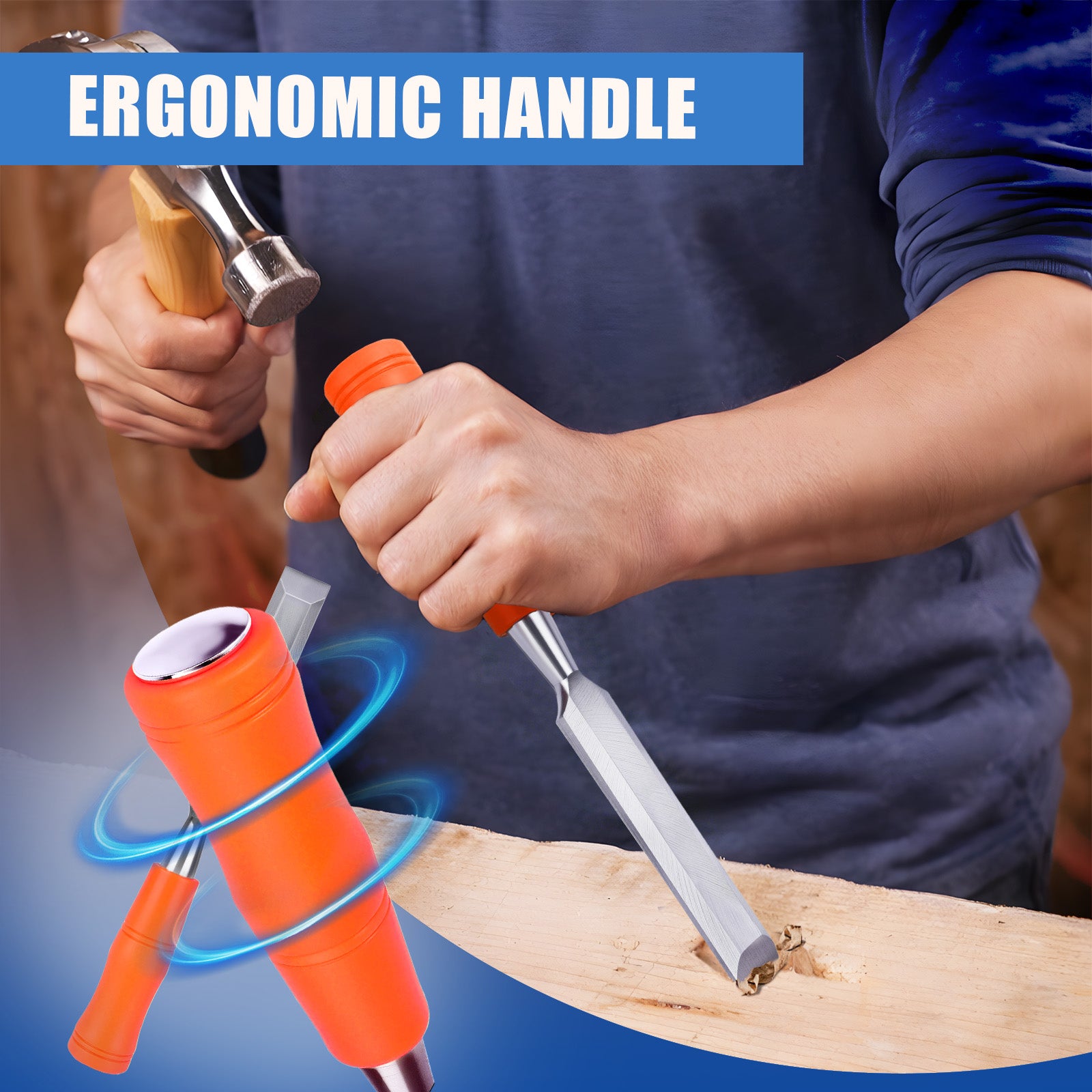 Person using a chisel with an ergonomic handle on a wooden surface, with text highlighting the handle.