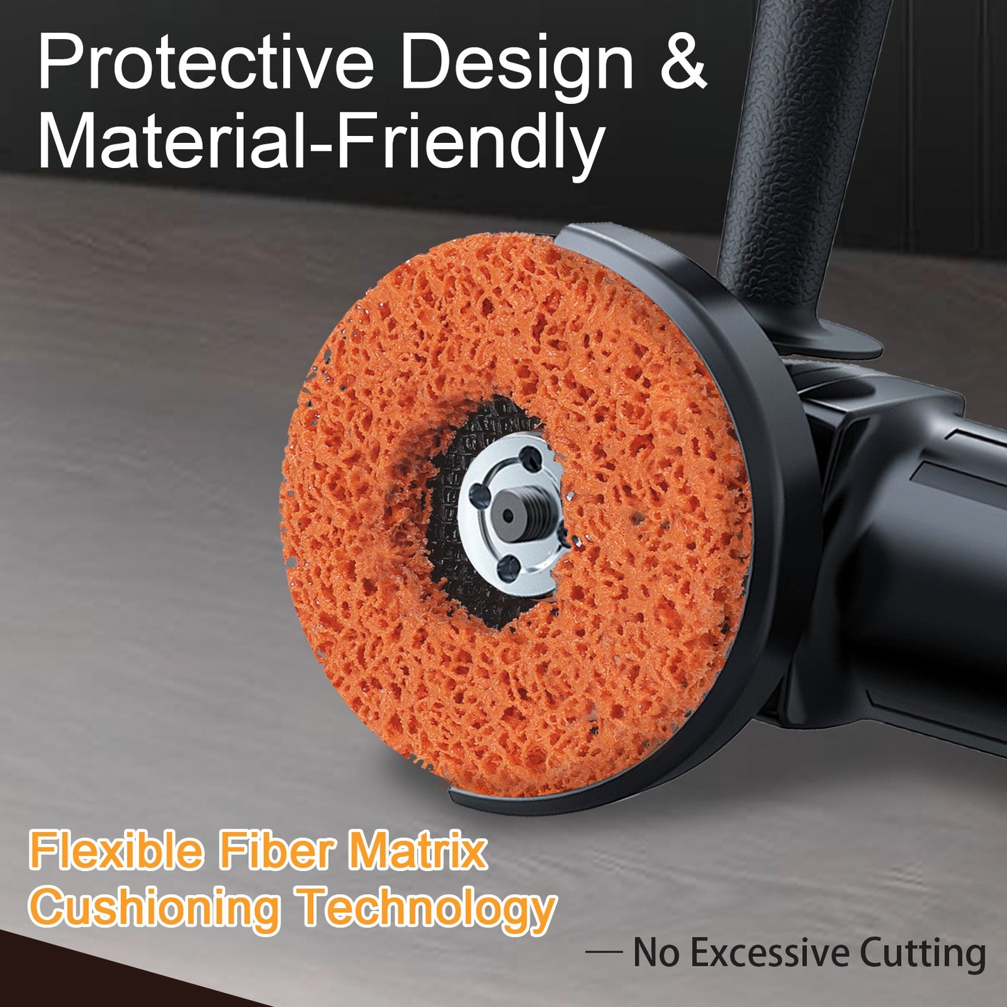 Orange buffering wheel with black frame on a gray surface, featuring text about protective design and cushioning technology.