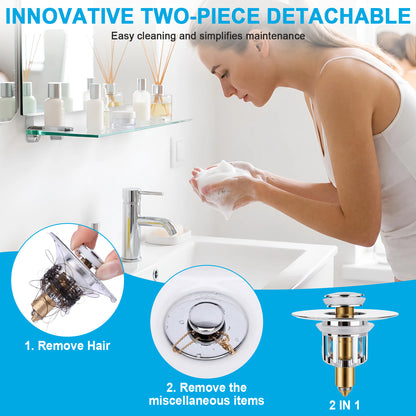 A woman washing her hands at a bathroom sink with promotional text and inset diagrams showing a detachable two-piece drain cleaning product. The image includes a blue footer with circular callouts labeled for removing hair and miscellaneous items, plus a rendered view of the drain assembly.