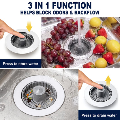 A 3-in-1 kitchen sink drain cover shown in a four-panel infographic. The top text reads '3 IN 1 FUNCTION HELPS BLOCK ODORS & BACKFLOW.