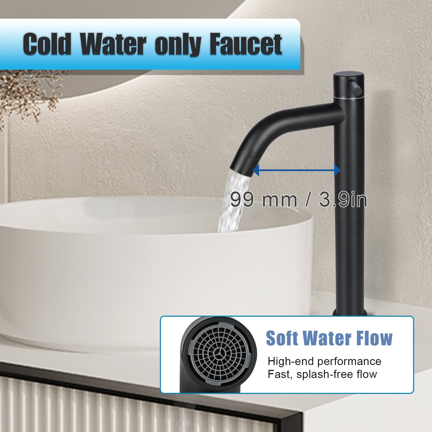 Black faucet with water flowing into a sink, labeled 'Cold Water only Faucet' and 'Soft Water Flow'.