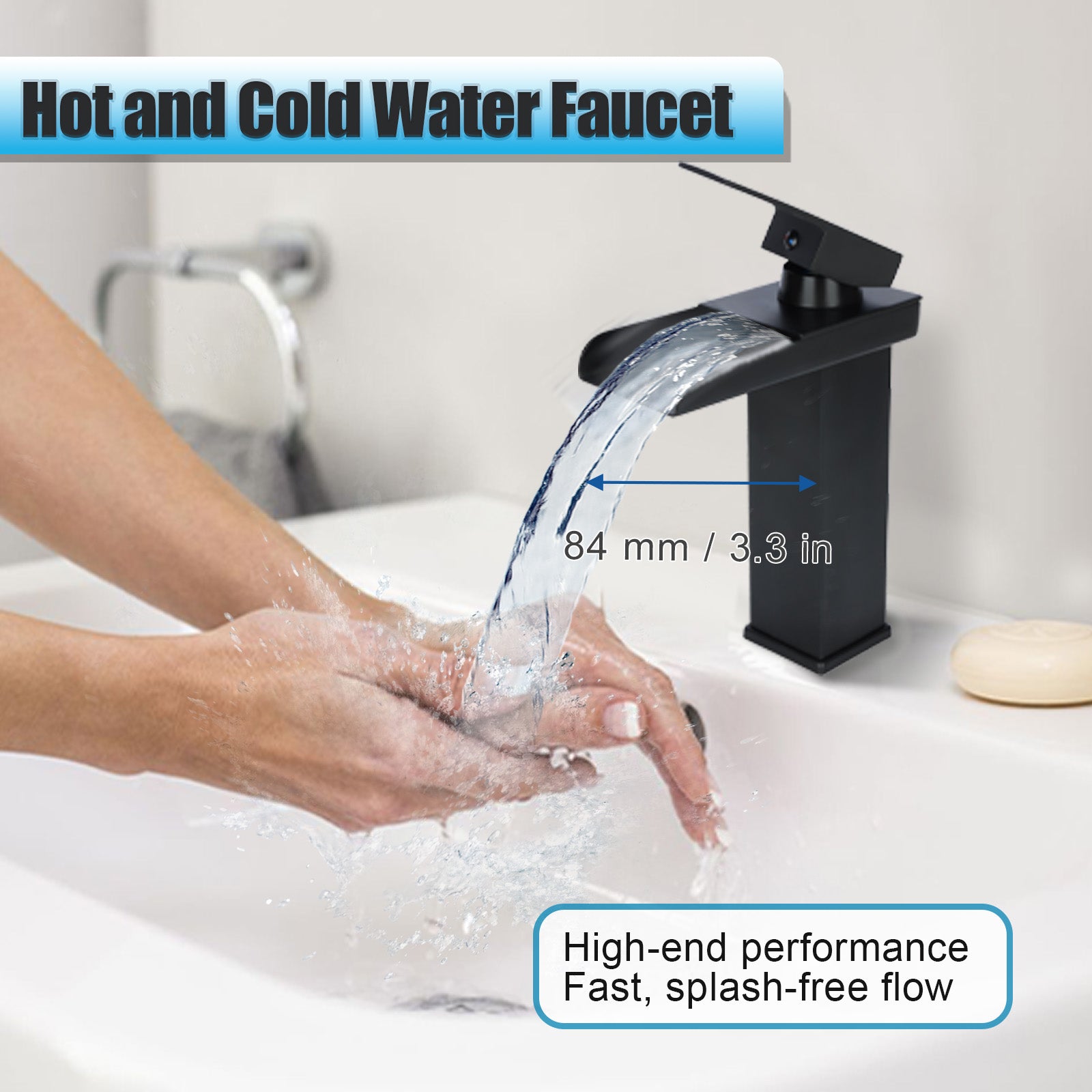 Black faucet with water flowing into a sink, labeled 'Hot and Cold Water Faucet'.