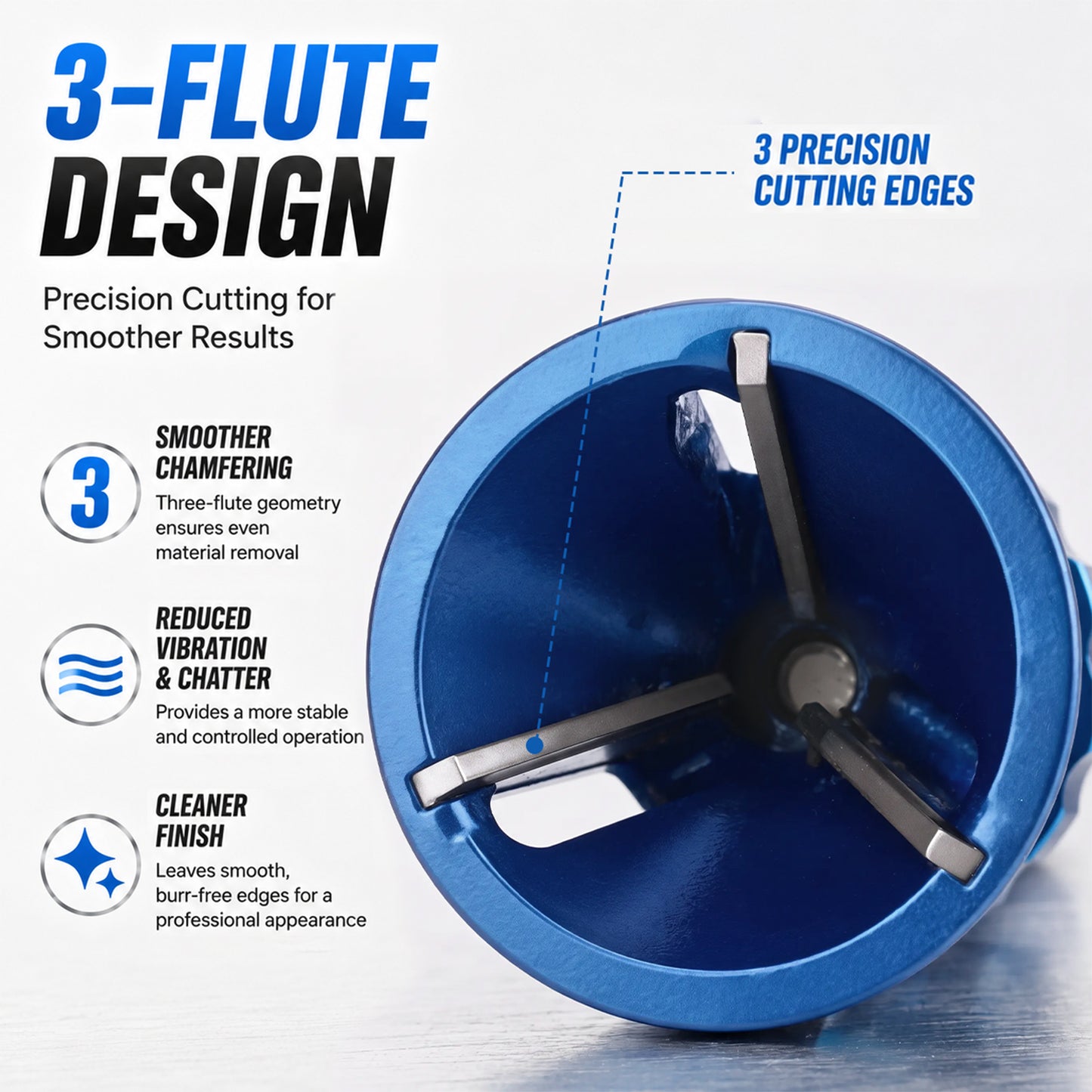 A blue 3-flute hole saw bit with three metal cutting edges, shown on a reflective gray surface with marketing text highlighting the 3-flute design, precision cutting, smoother chamfering, reduced vibration, and clean finish.