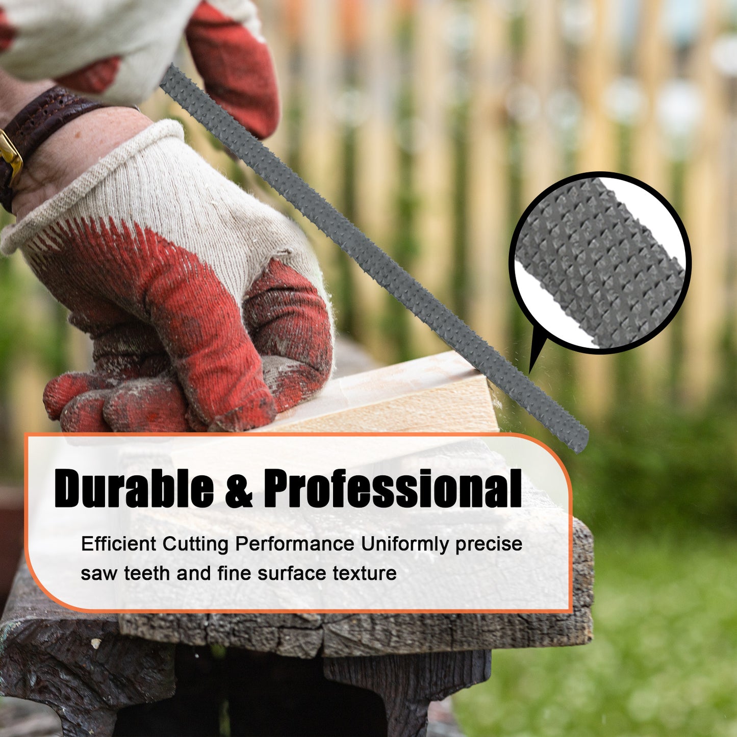 Person using a saw with text highlighting durability and precision