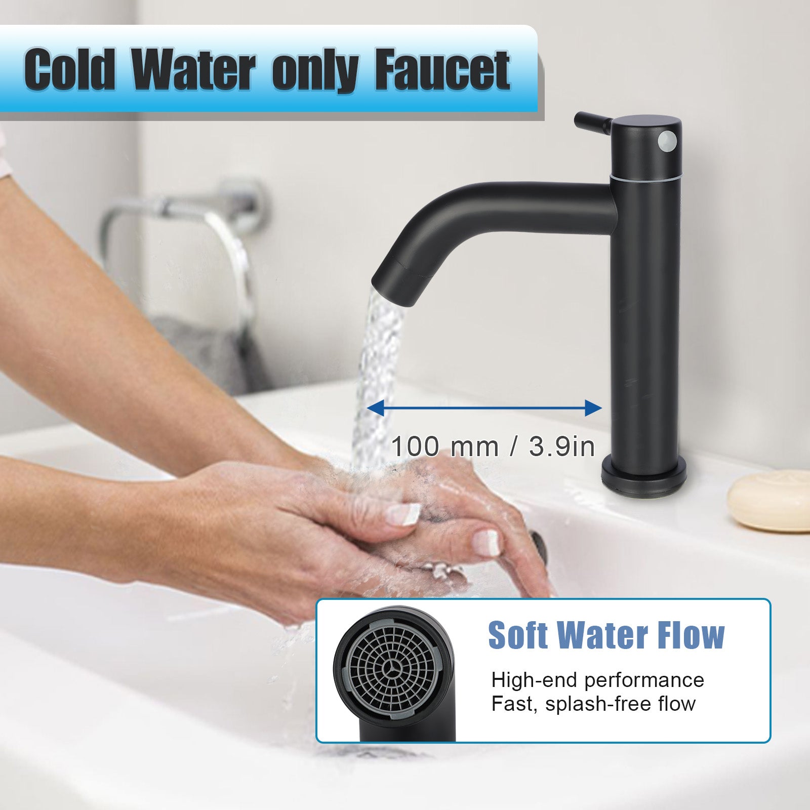 Black faucet with water flowing, labeled 'Cold Water only Faucet' and 'Soft Water Flow'.