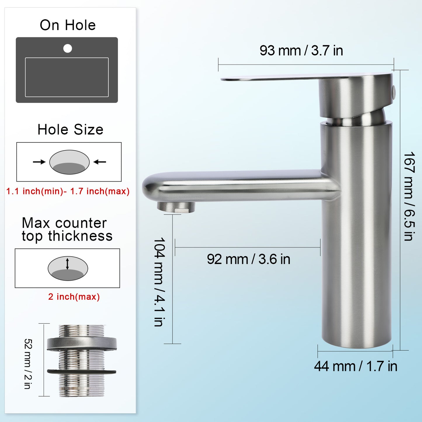 Stainless steel faucet with dimensions and installation guidelines on a light blue background