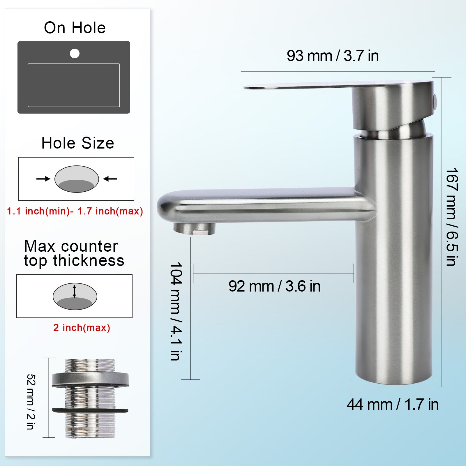 Stainless steel faucet with dimensions and installation guidelines on a light blue background
