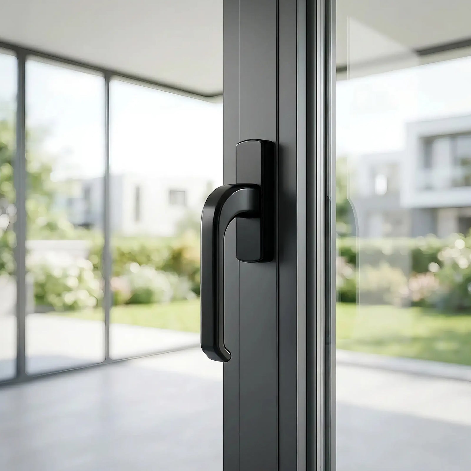 A matte black metal handle mounted on a dark gray aluminum window frame, with a blurred modern patio and garden background visible through the glass.