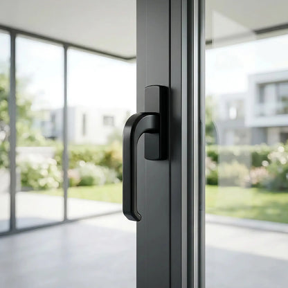 A matte black metal handle mounted on a dark gray aluminum window frame, with a blurred modern patio and garden background visible through the glass.