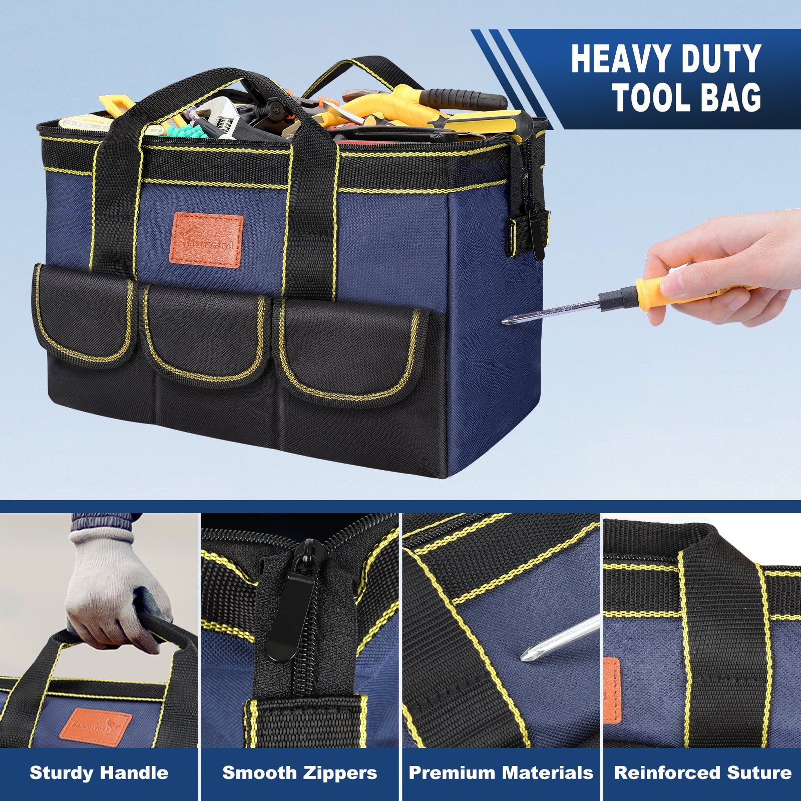 A navy and black heavy-duty tool bag with yellow stitching, shown with tools inside and a hand holding the handle. The image includes text reading 'HEAVY DUTY TOOL BAG' and four feature close-ups at the bottom highlighting the sturdy handle, smooth zippers, premium materials, and reinforced suture.