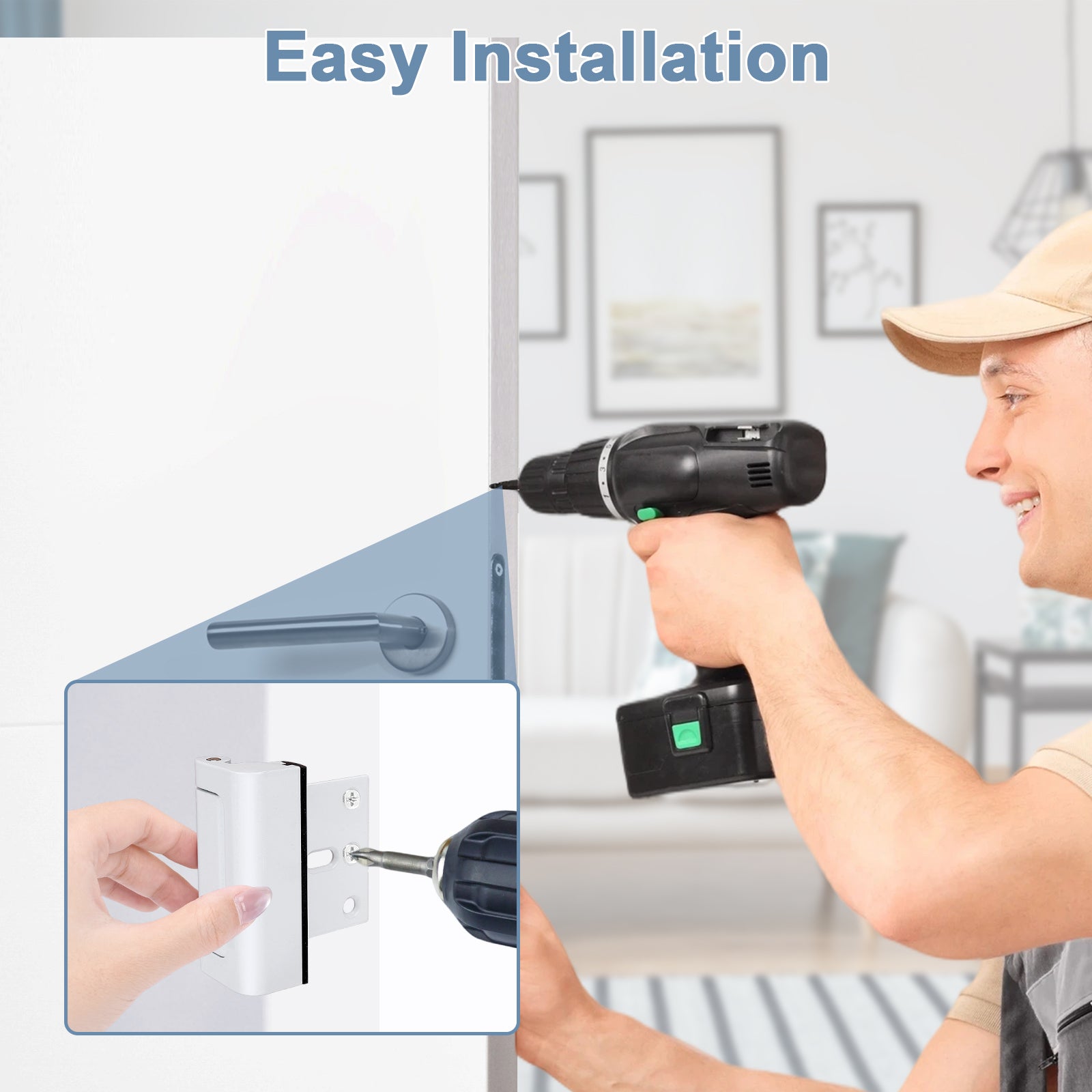 Person using a drill to install a light switch with 'Easy Installation' text above.