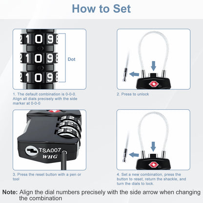 Instructions on how to set a TSA lock with step-by-step illustrations.
