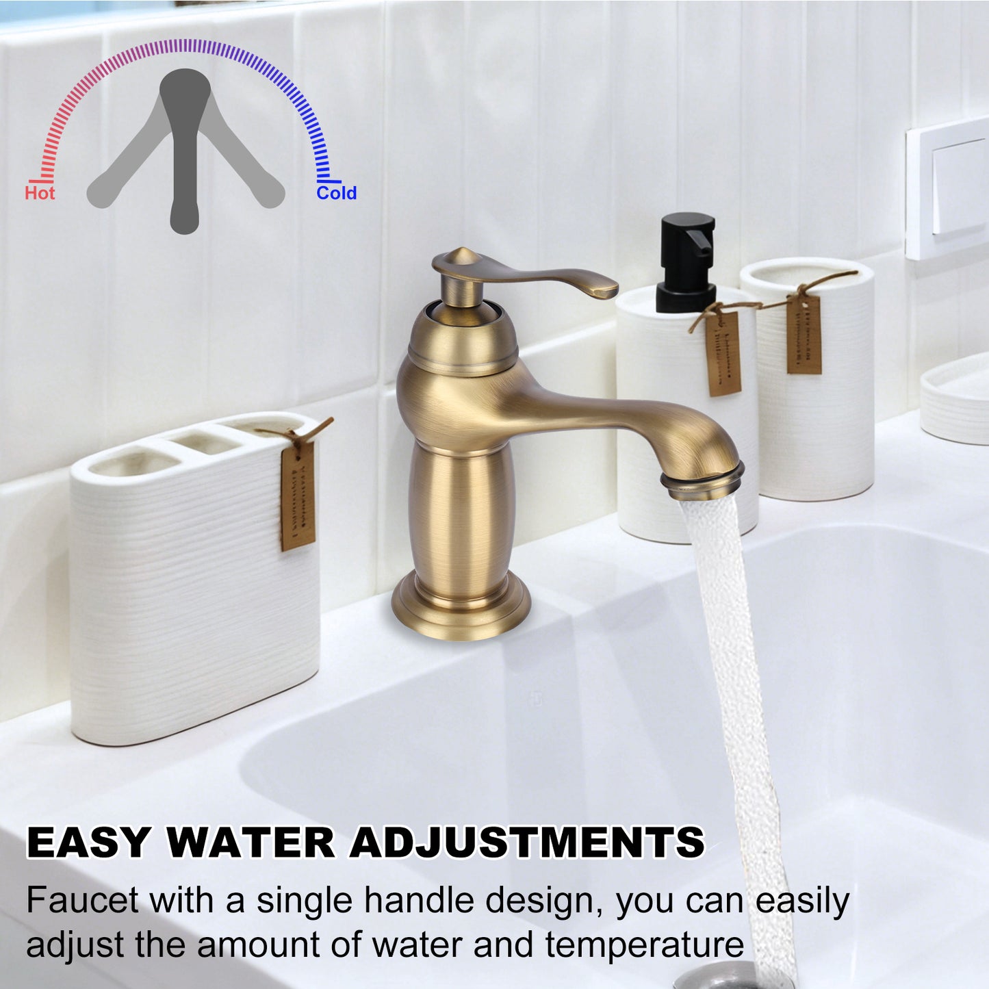 Gold faucet with water flowing into a sink, labeled for easy water adjustments.