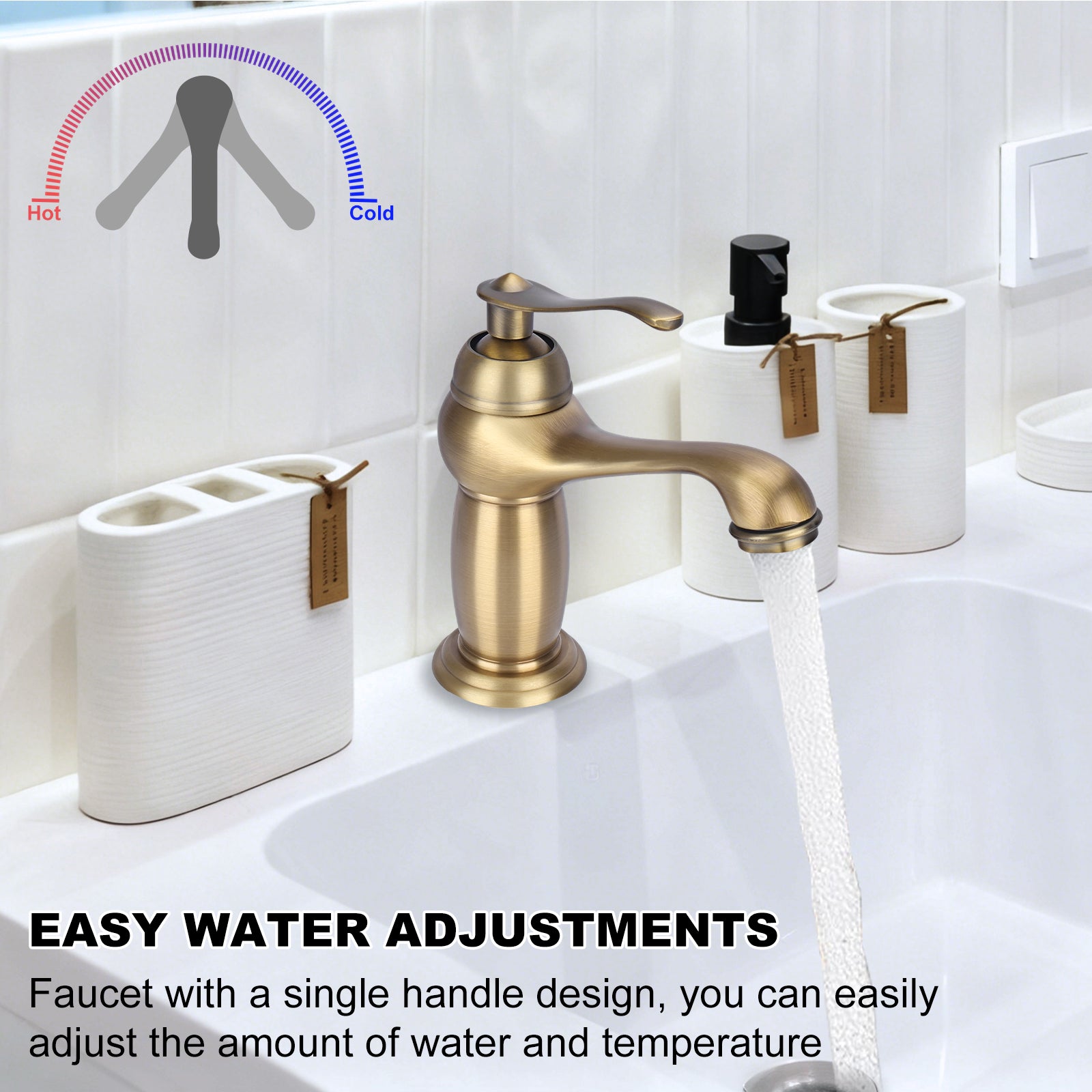 Gold faucet with water flowing into a sink, labeled for easy water adjustments.