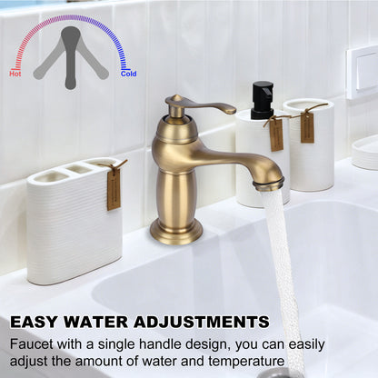 Gold faucet with water flowing into a sink, labeled for easy water adjustments.