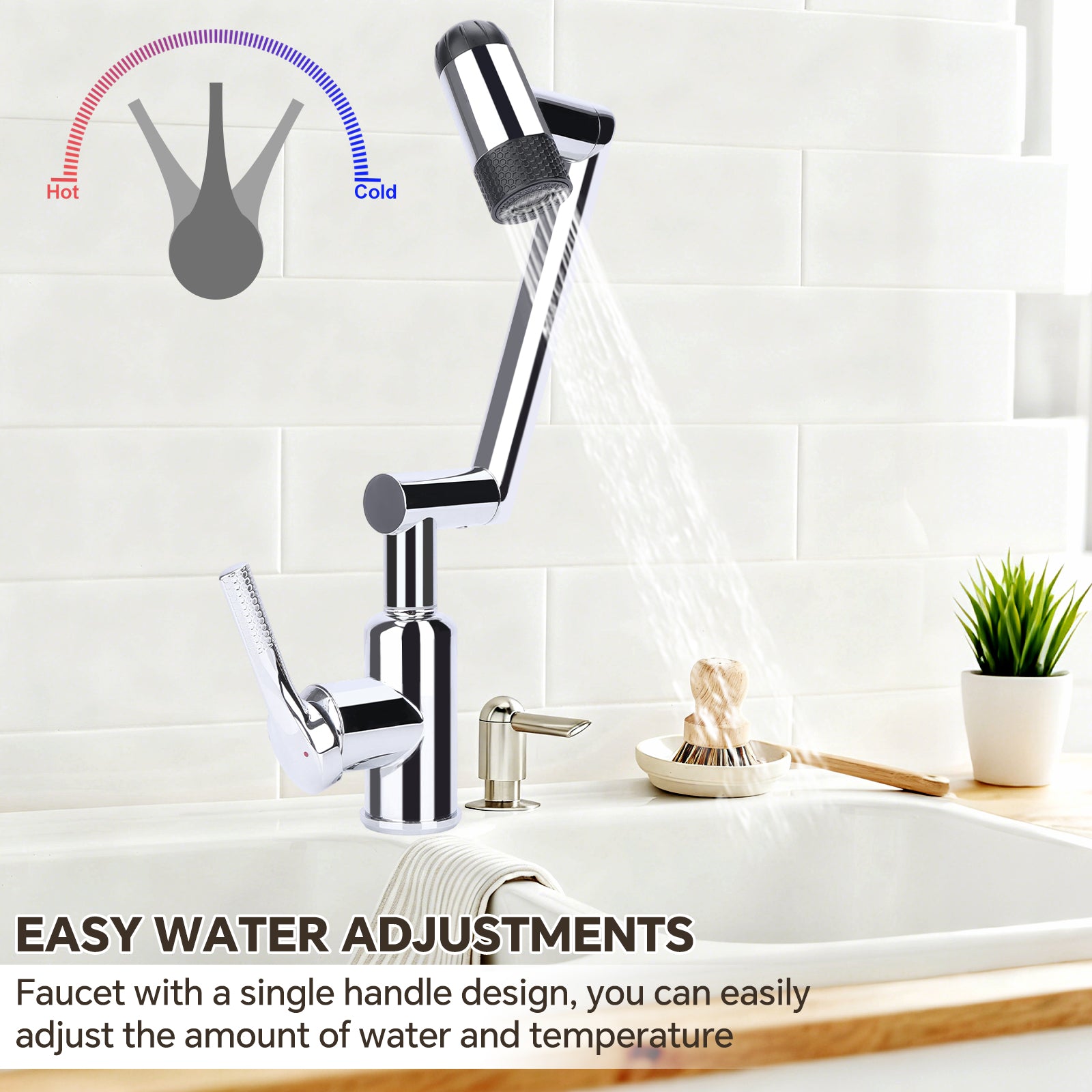 Chrome faucet with single handle in a kitchen setting, showing water flow and temperature indicators.