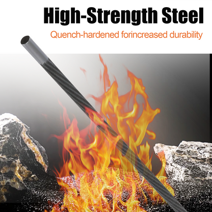 High-strength steel bar with flames and rocks, emphasizing durability.