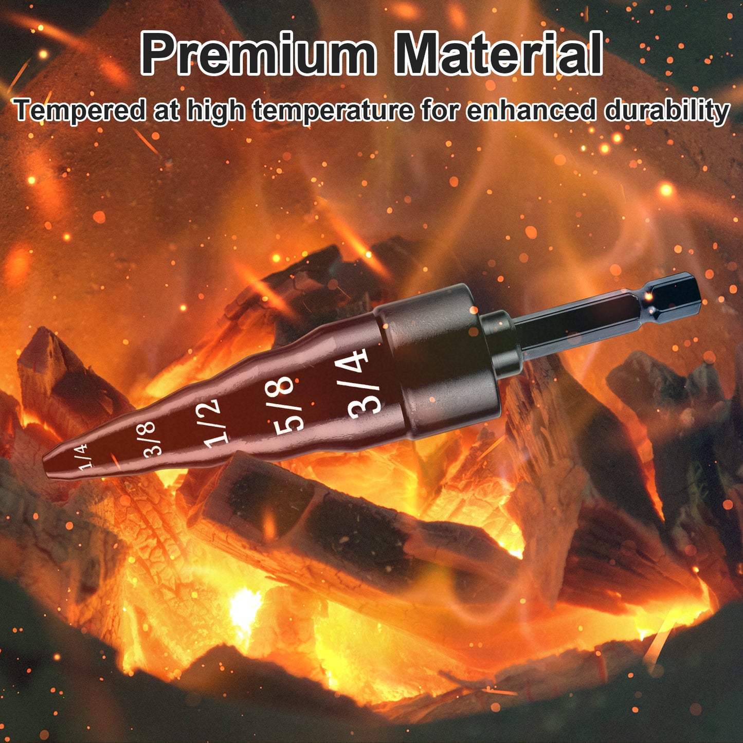 Set of drill bits with fire and wood background, emphasizing durability.