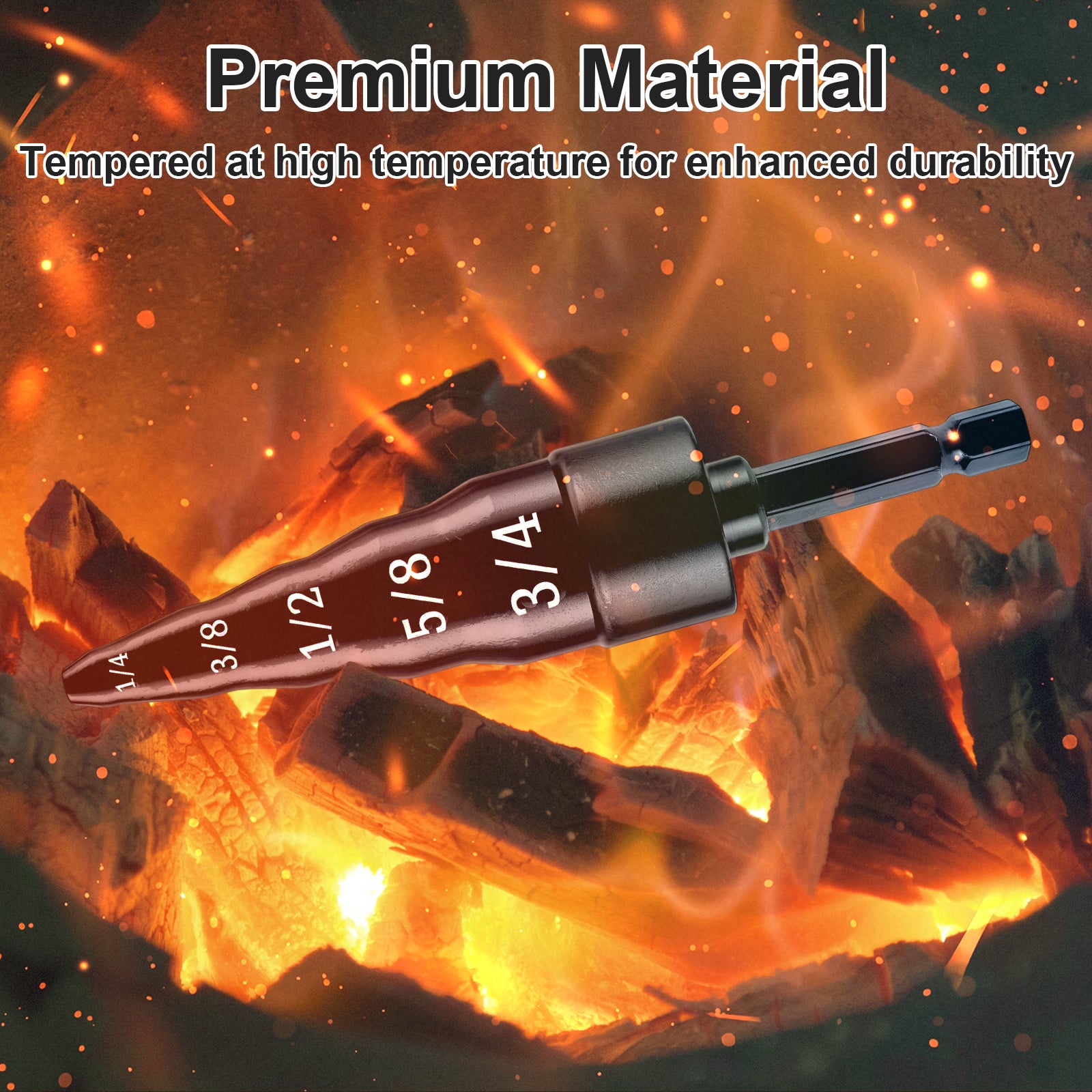 Set of drill bits with fire and wood background, emphasizing durability.