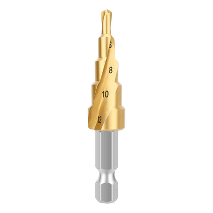 Gold drill bit with size markings on a white background