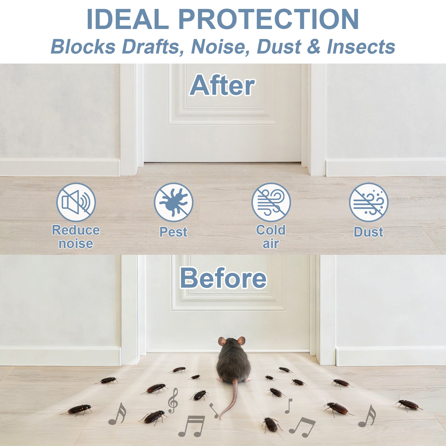 Before and after comparison of a sealed door with pests and dust, showing ideal protection against drafts, noise, dust, and pests.