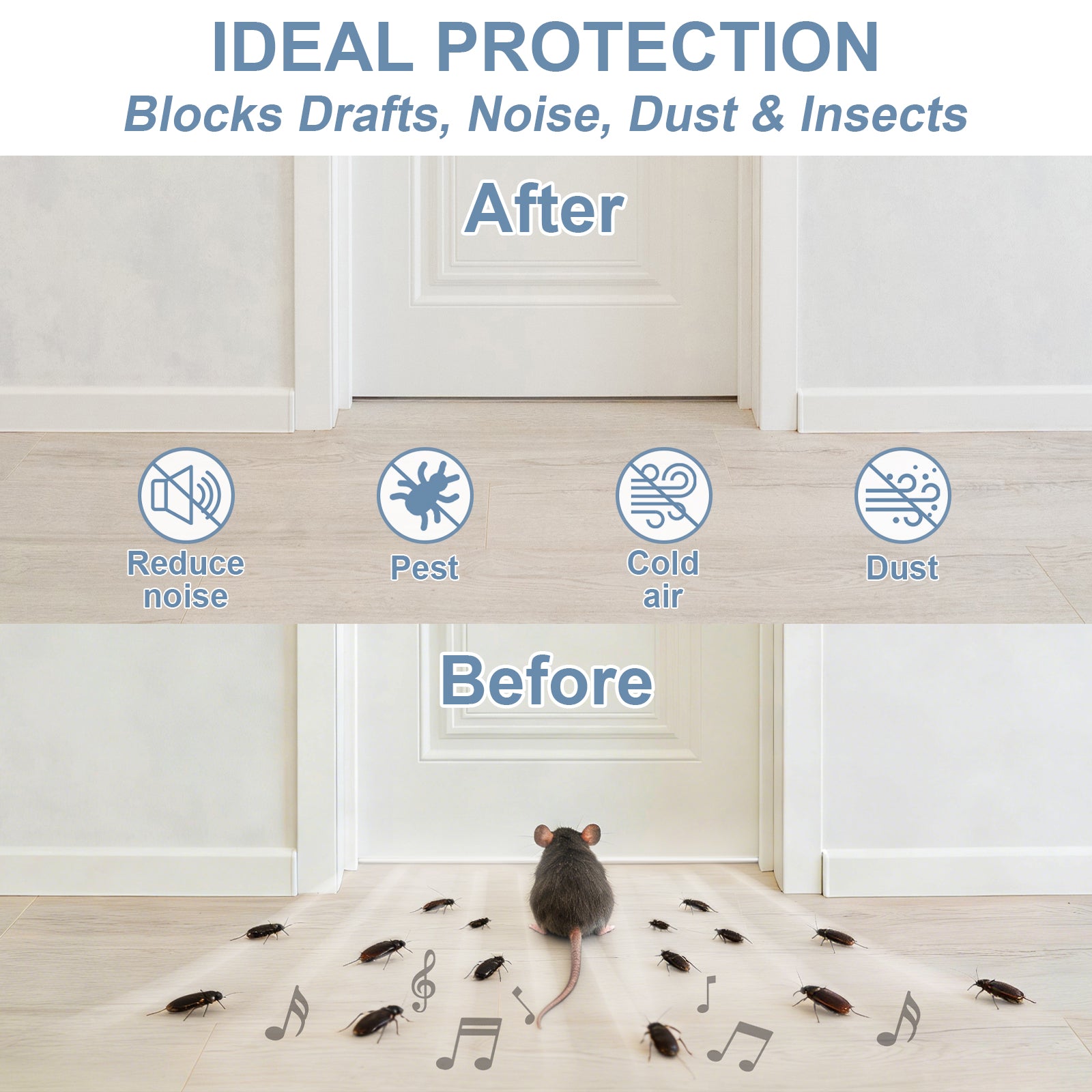 Before and after comparison of a sealed door with pests and dust, showing ideal protection against drafts, noise, dust, and pests.