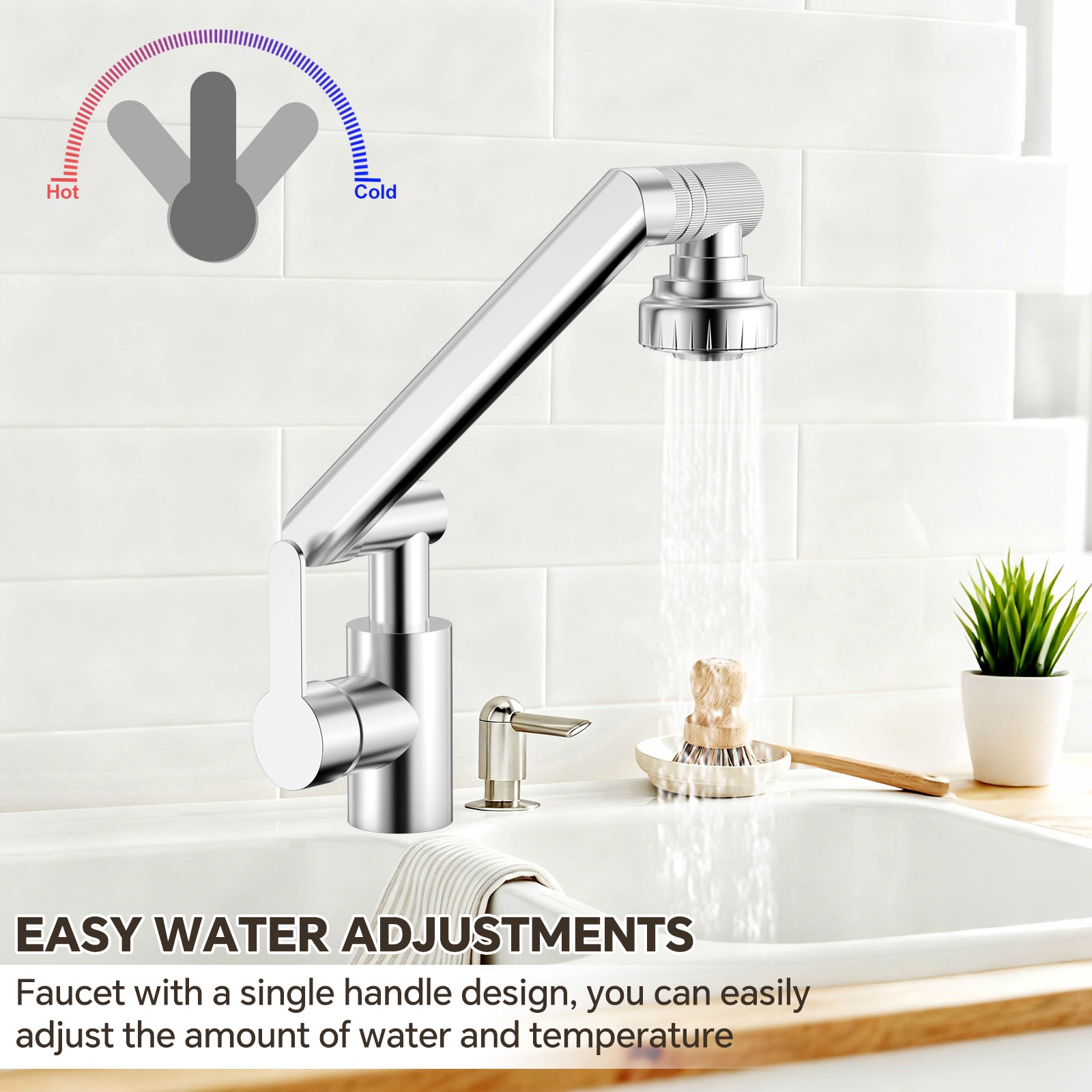 Chrome kitchen faucet with adjustable spray head on a white tiled wall background