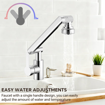 Chrome kitchen faucet with adjustable spray head on a white tiled wall background