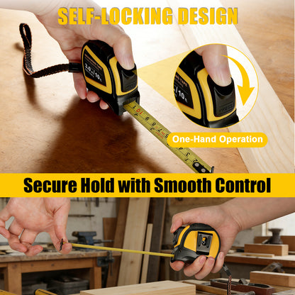 Person using a tape measure with self-locking design and one-hand operation in a workshop setting.