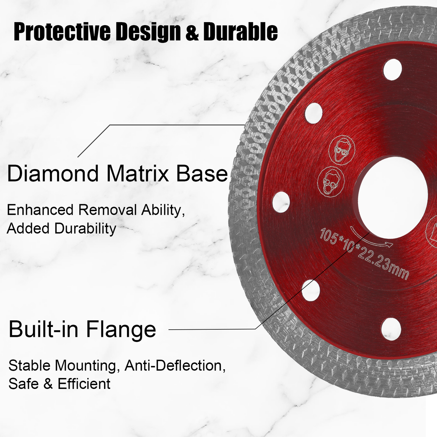 Red diamond blade with text highlighting features on a white background