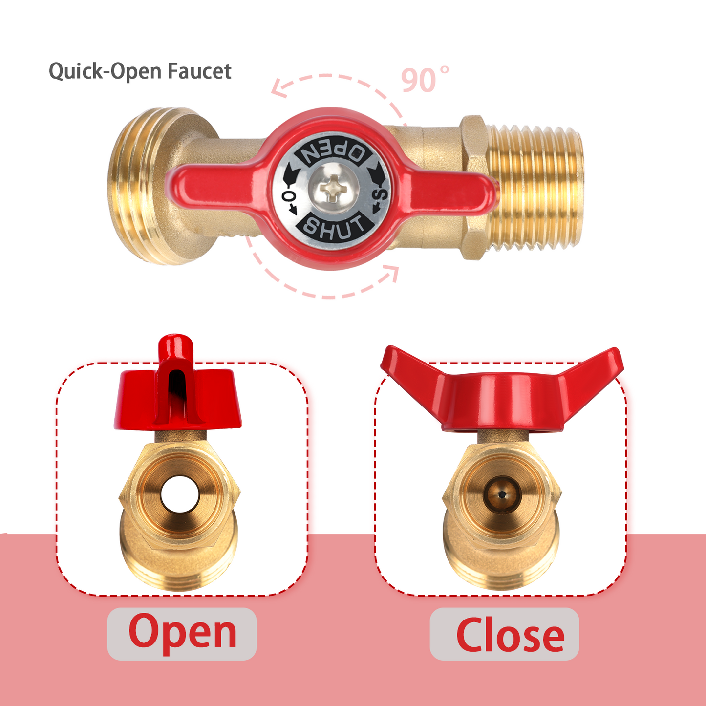 Brass quick-open faucet with red handle showing open and close positions on a white background.
