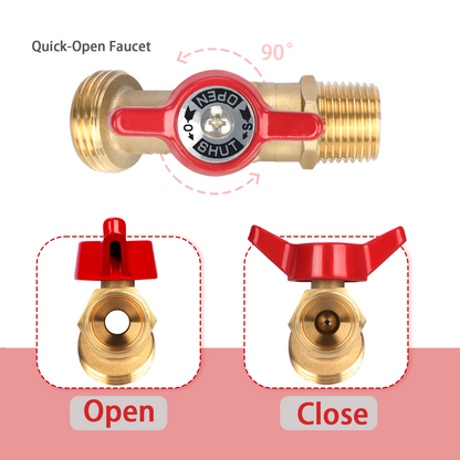 Brass quick-open faucet with red handle showing open and close positions on a white background.