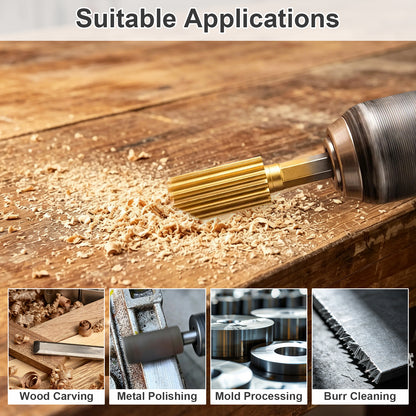 Tool bit on a wooden surface with applications for wood carving, metal polishing, mold processing, and burr cleaning.