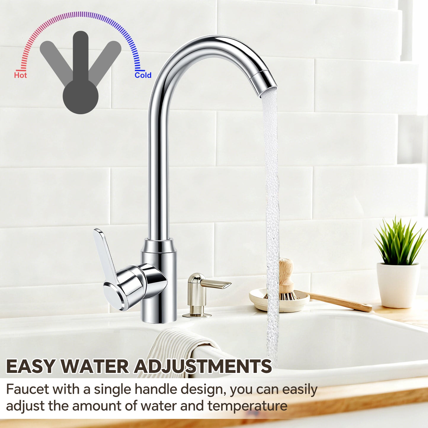 Chrome kitchen faucet with water flowing into a sink, labeled for hot and cold water adjustments.