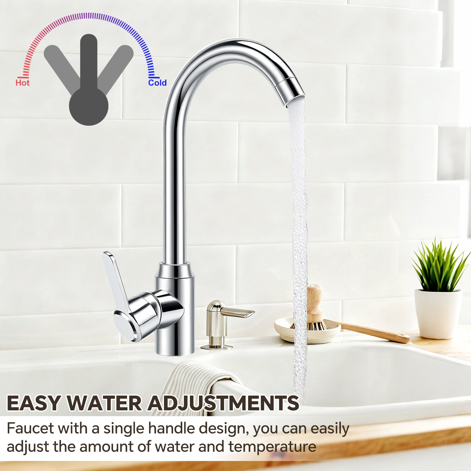 Chrome kitchen faucet with water flowing into a sink, labeled for hot and cold water adjustments.