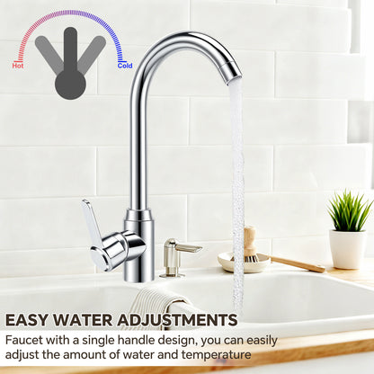 Chrome kitchen faucet with water flowing into a sink, labeled for hot and cold water adjustments.