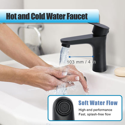 Black faucet with water flowing, showing a close-up of hands washing under the faucet.