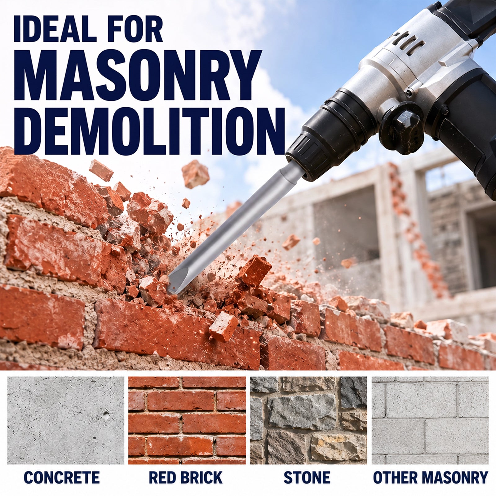 A cordless masonry demolition hammer shown breaking a red brick wall, with large text reading 'IDEAL FOR MASONRY DEMOLITION' and four material icons below labeled concrete, red brick, stone, and other masonry.