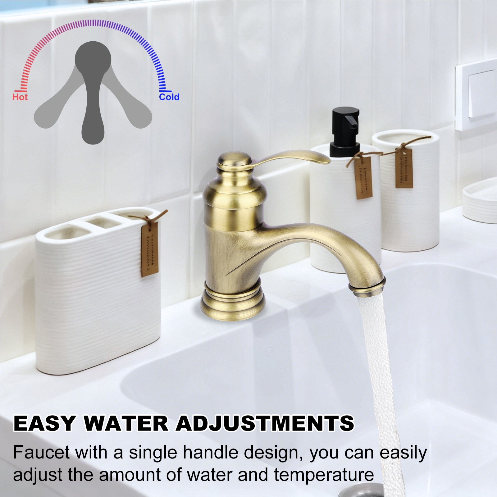 Gold faucet with water temperature indicator on a sink